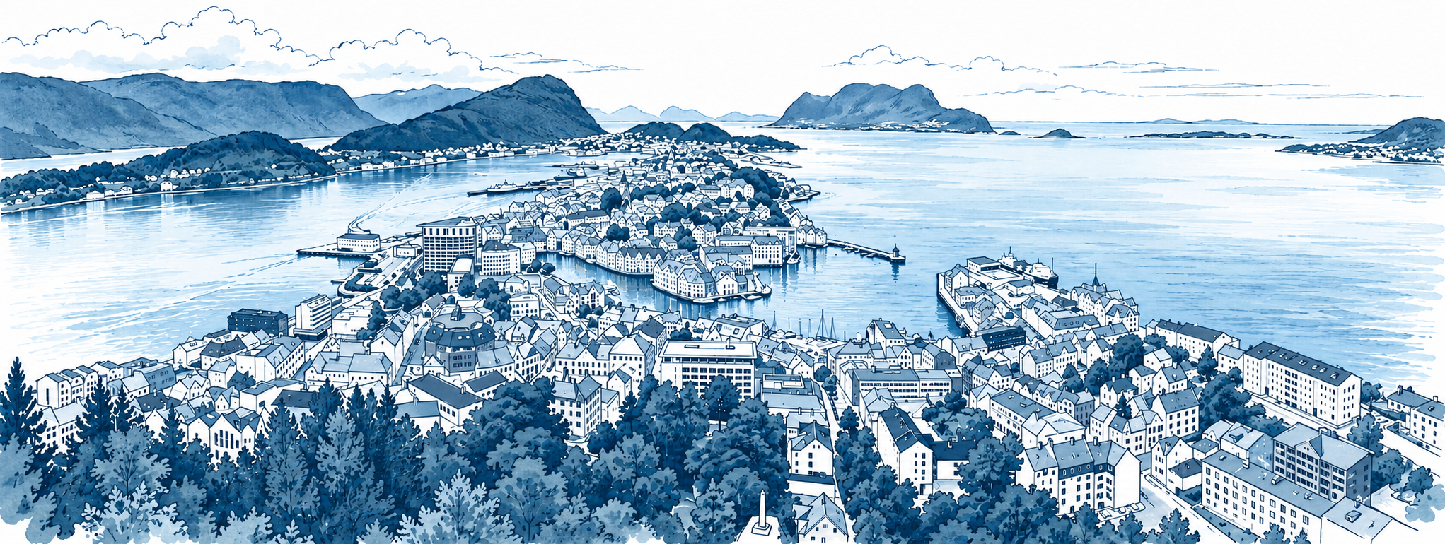 Monochrome blue pen-and-watercolour panorama of Ålesund from Aksla, with the town, islands and mountains