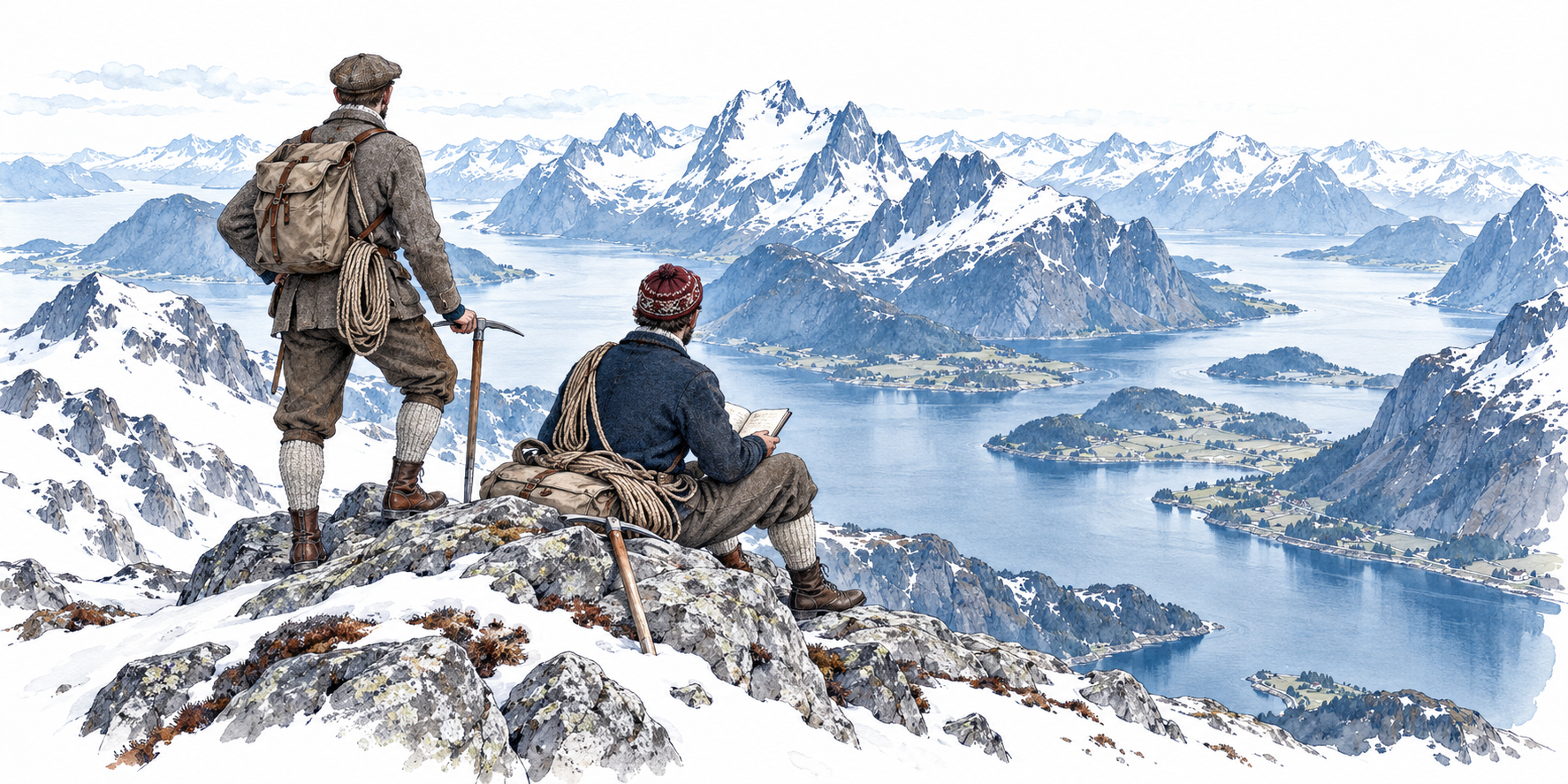 Illustration of two early mountaineers overlooking Norwegian mountains and fjords
