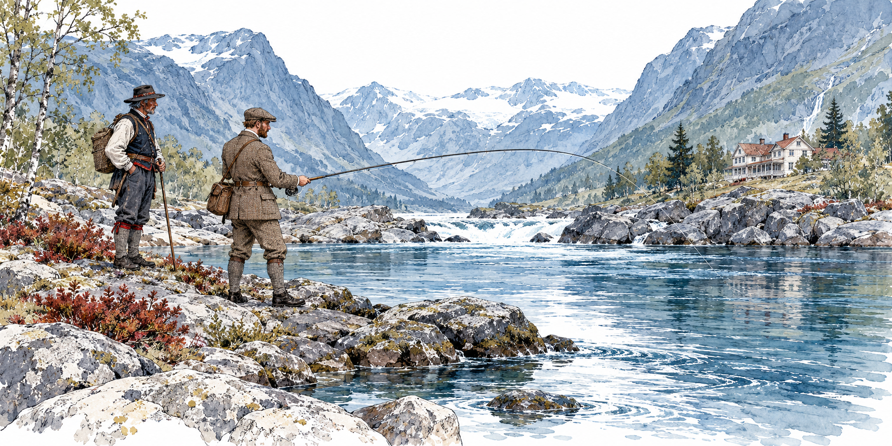 Illustration of a Victorian salmon angler and a guide beside a Norwegian river